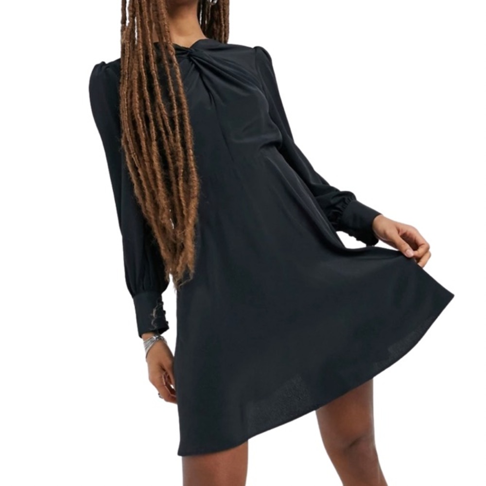 Topshop Black Mini Dress, Twistneck, Dramatic Blouson Sleeves, Open Back, NWT